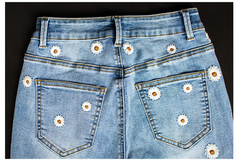 Women's Denim Bell Bottoms High Waist Tight Elastic Long Legs Daisy Embroidered Printed Spicy Girl Slim Straight Jeans UDUE