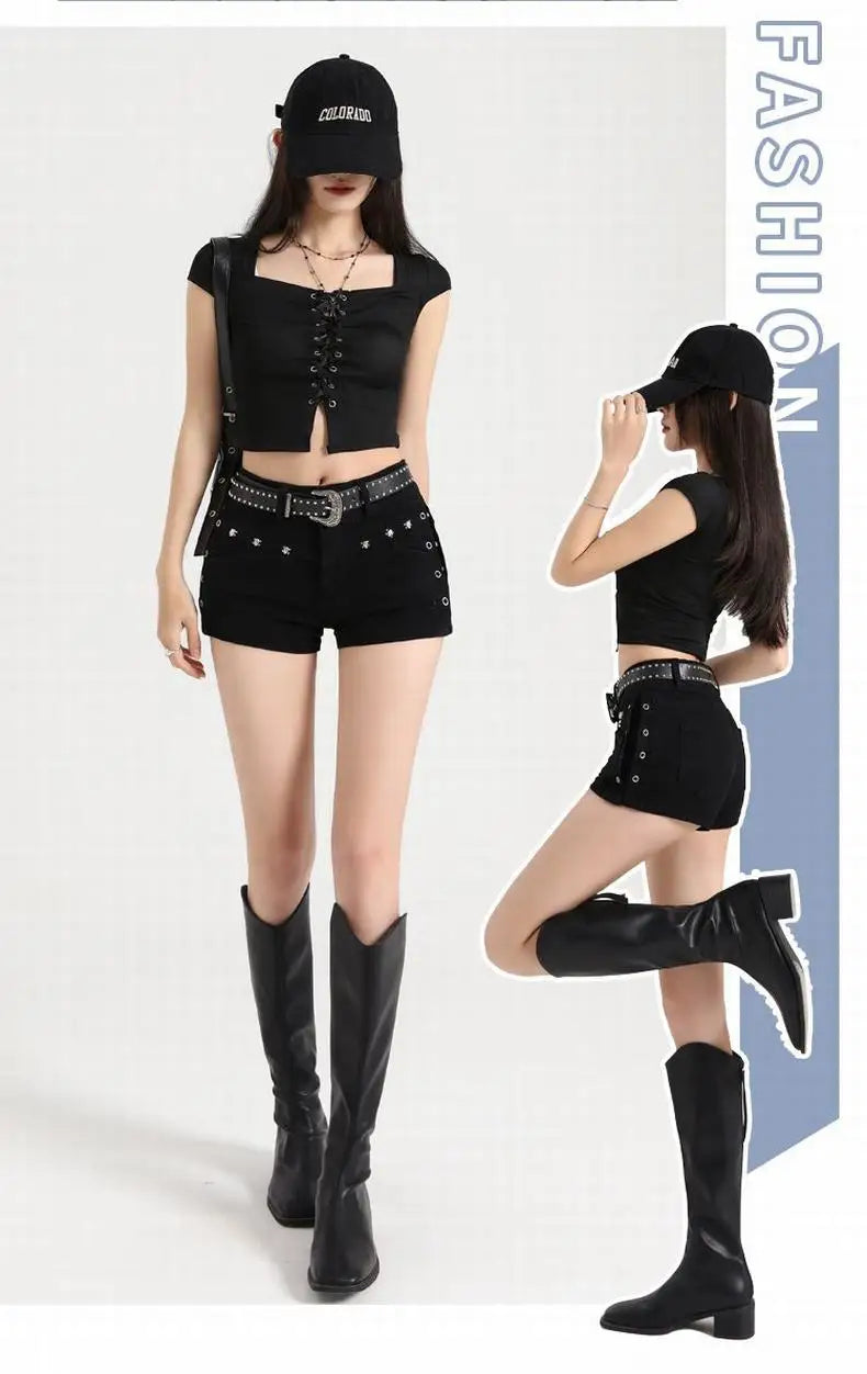 Summer Y2k Sexy Low Waist Mini Denim Shorts Women Vintage Korean Popular Girls Slight Strech Streetwear Gothic Rivet Black Jeans