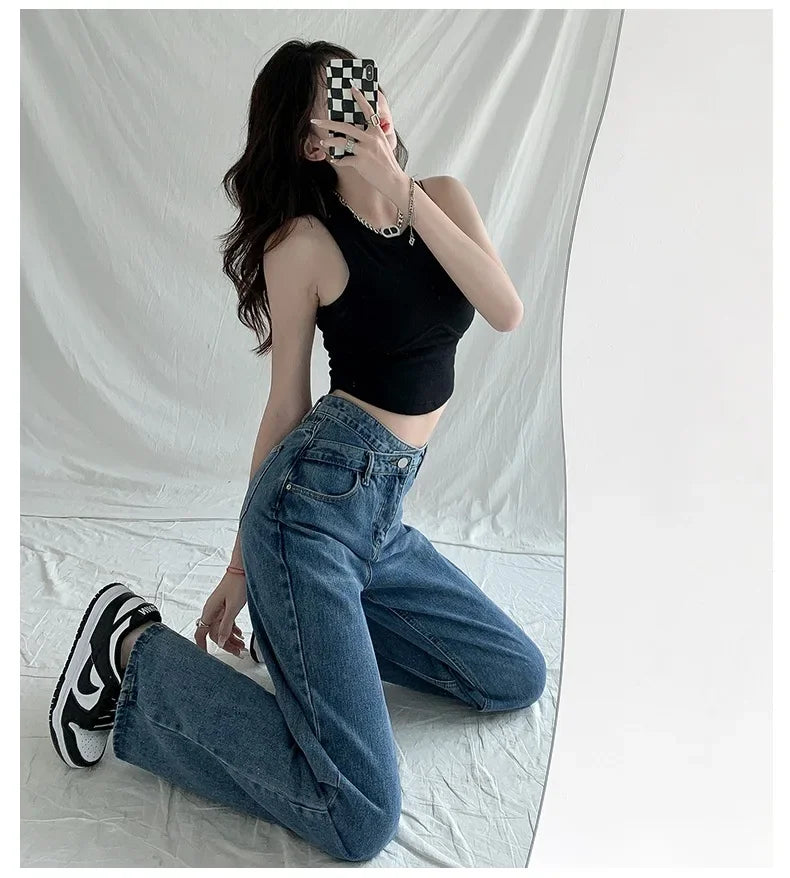 Design Sensibility High-Waisted Slimming Jeans Loose-Fit Straight-Leg Women's Korean Style Tie-Detail Wide-Leg Casual Trousers