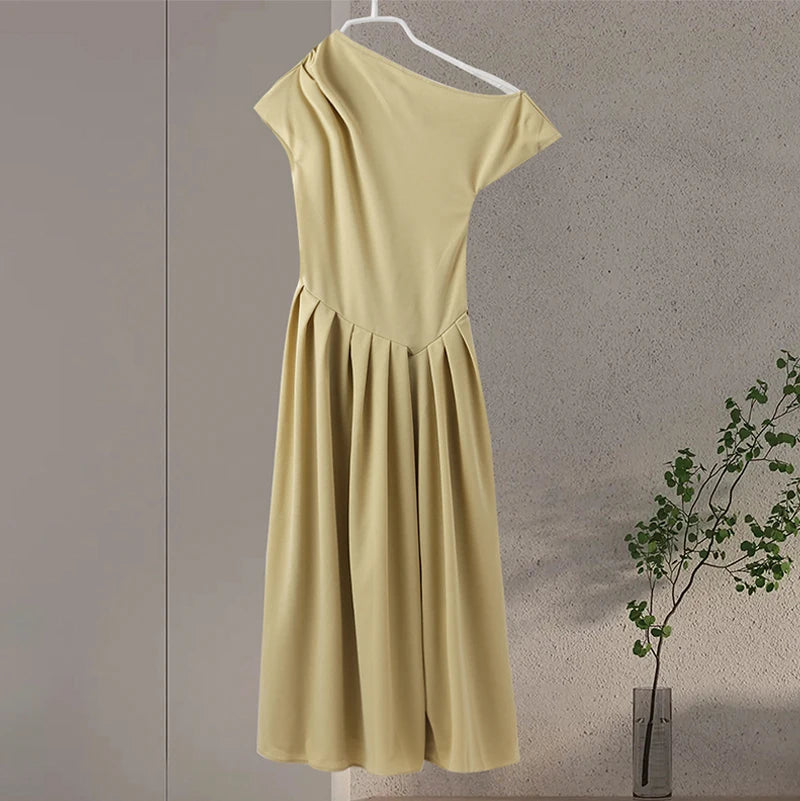 Elegant Long Dress Women Loose Skew Collar Sleeveless A Line Robe Female 2025 Spring Summer Solid Fashion High Waist Dress Lady