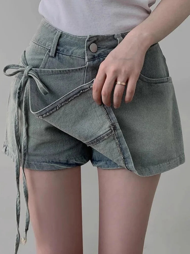 DFCF 2025 Spring Summe Jeans Streetwear Vintage Irregular Laced Up short Jeans Women Y2k Korean Fashion High Waist Straight Pant