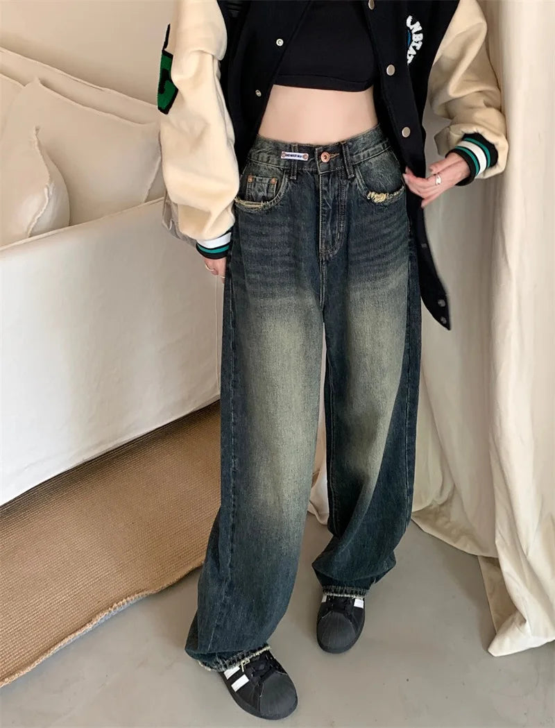 Women's Harajuku Style Loose Wide Leg Jeans Autumn Winter Street Fashion Retro Straight Loose Denim Trousers 