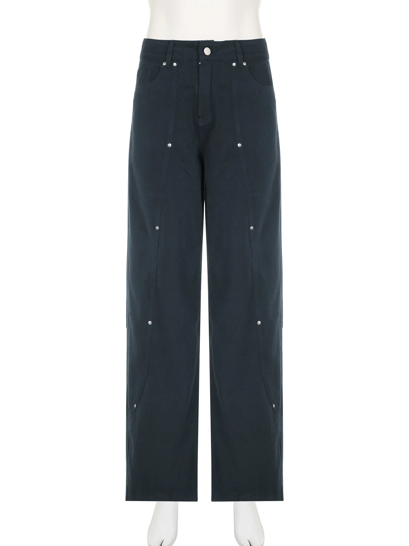 IAMSURE Casual Loose Rivet Jeans Wide Leg Pants Basic Low-Waisted Straight Pants Women 2025 Spring Autumn Streetwear Ladies