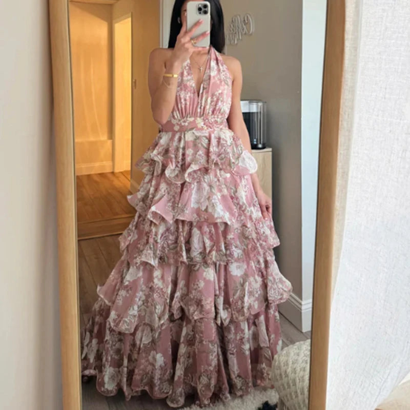Summer New Floral Printed Halter Dress Sexy Deep V Sleeveless Backless Evening Dresses Temperament High Waisted Lace Up Dresses