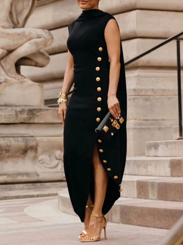 Lemongor Black White Color Buttoned Shawl Collar Evening Dresses Women 2025 New Summer Sleeveless Split-Side Casual Office Dress