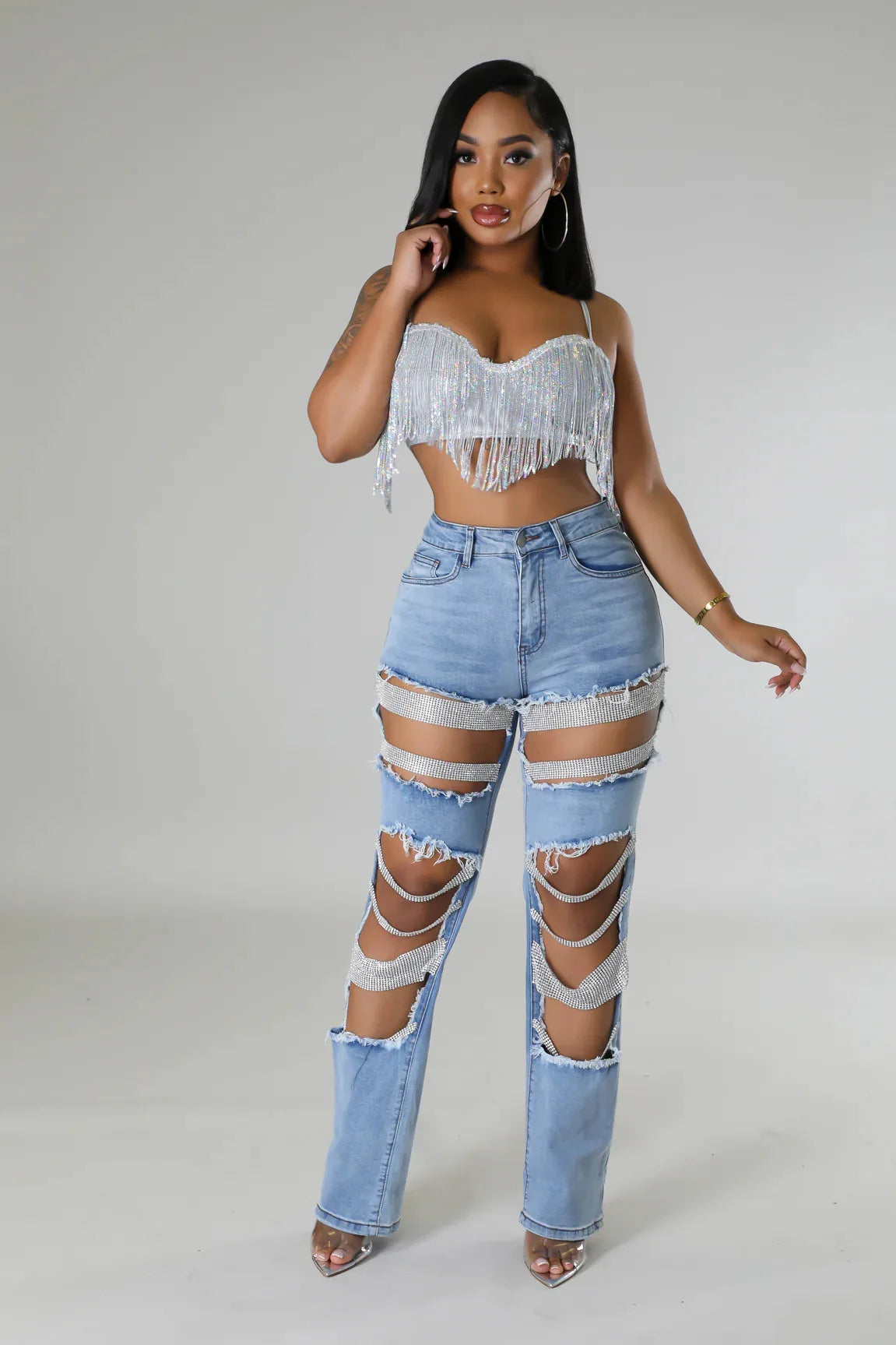 Ripped Jeans for Women Straight Pants Diamonds Chain Stretch Distressed High Waist Floor Length 2025 Streetwear Denim Trousers