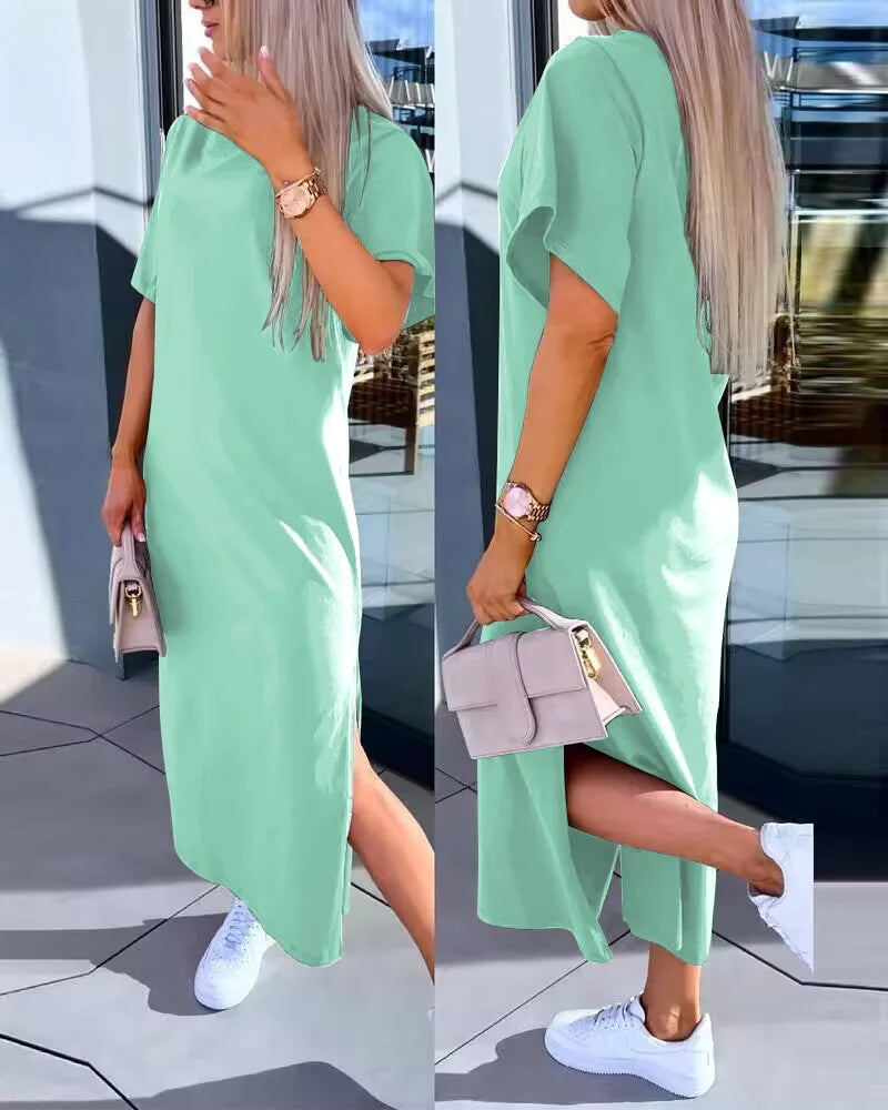 Spring Summer New Women's Clothing Solid Color V-neck Vest Back Lace Cutout Slit Casual Dress