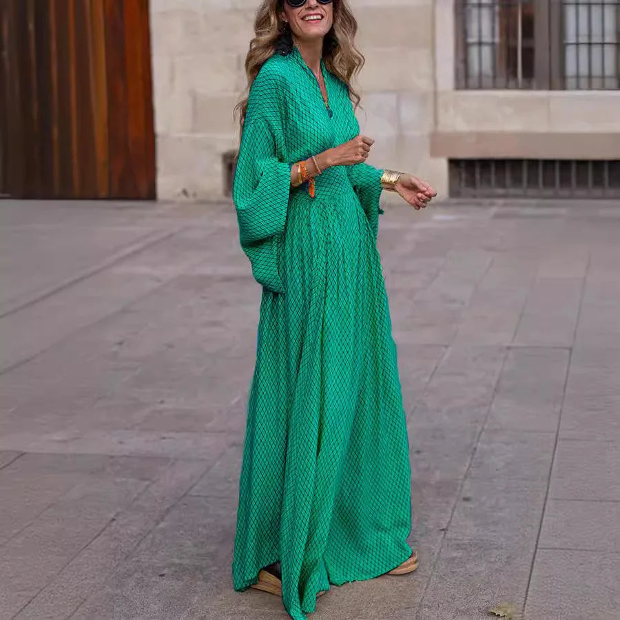 Elegant Ladies Maxi Dress Women Fashion Lattice Print V Neck Dolman Sleeve Bohemia Beach Sundress Vintage Party Long Dresses