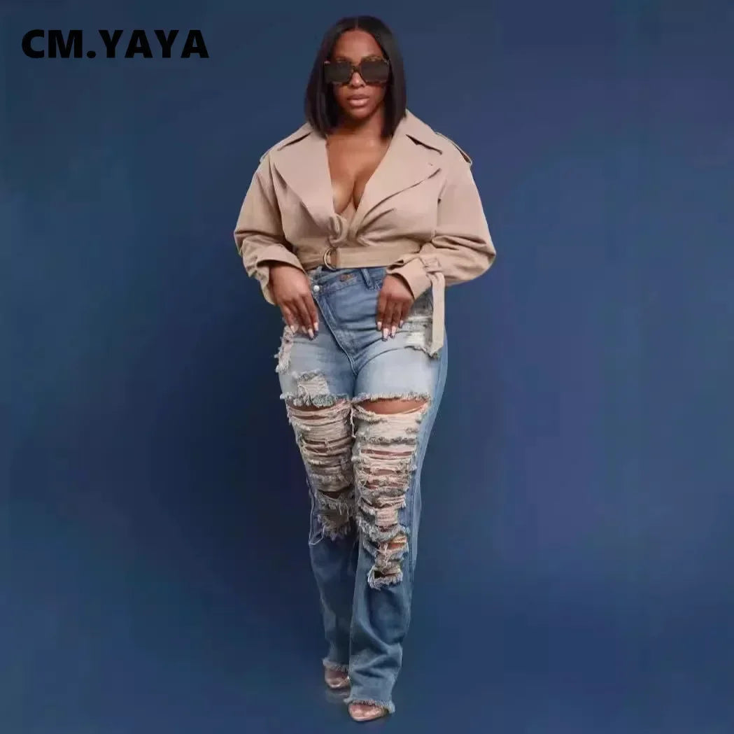 CM.YAYA Denim Pants Women Retro Sexy Hole Hollow Out Jeans Ripped out Pencil Trousers 2024 Street Skinny High Waist Lady Pant