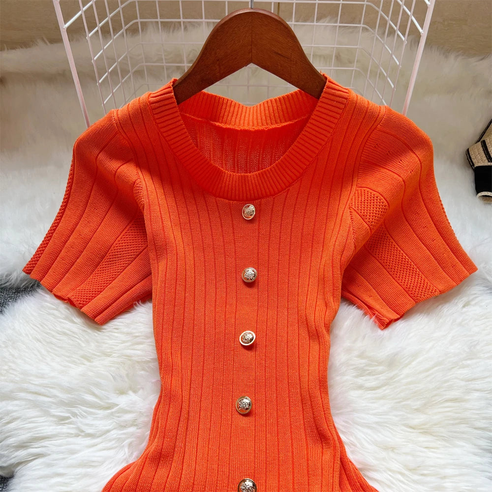 YuooMuoo 2025 Summer Women Knitted Long Dress Brand Fashion O-neck Buttons Bodycon Sweater Dress Elegant Lady Office Vestidos