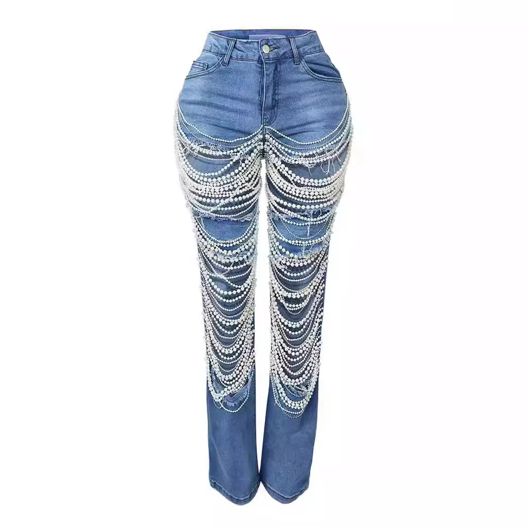 Ripped Jeans for Women Straight Pants Diamonds Chain Stretch Distressed High Waist Floor Length 2025 Streetwear Denim Trousers