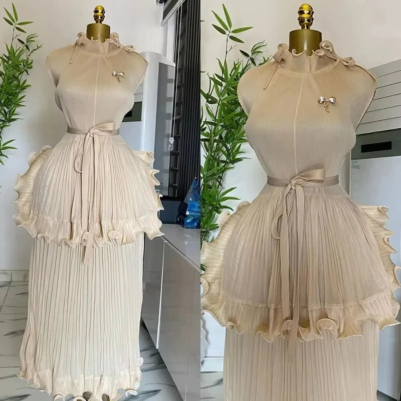 Miyake Pleated Dress Women Round Neck Sleeveless Solid Color Loos Style Patchwork New Tide 2025 Dresses