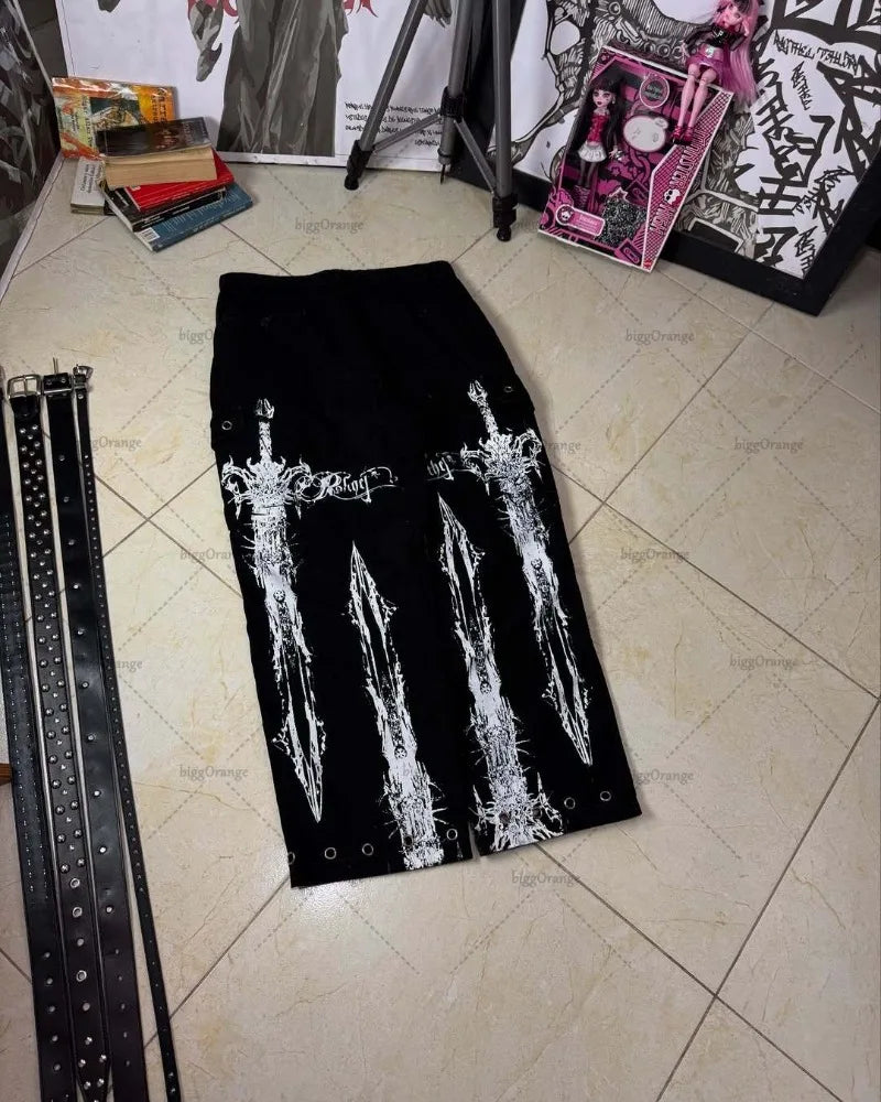 Harajuku Y2K Streetwear Hip Hop Punk Casual Baggy Jeans Women Gothic Animation Print Black Straight Wide Legs Vintage Clothing