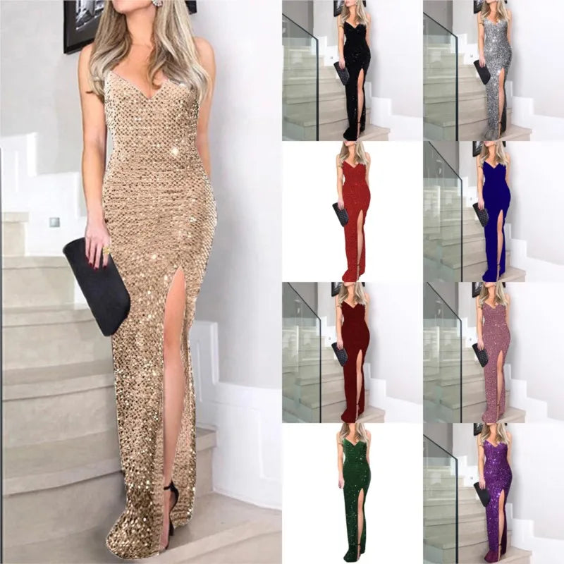 Sexy summer 2025 new European and American women's clothing fashion dress with straps, sequins and slit evening dress.