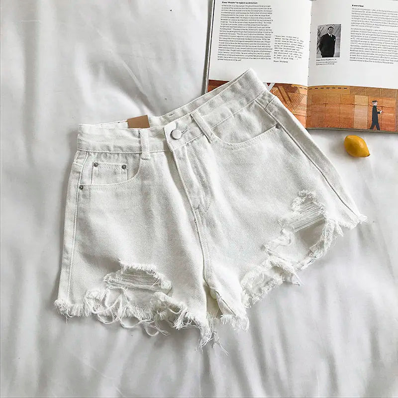 Summer New Style Wide Leg Pants Candy Color Ripped Denim Shorts Female High Waist Green A-line Women Jeans Hot Shorts Pants