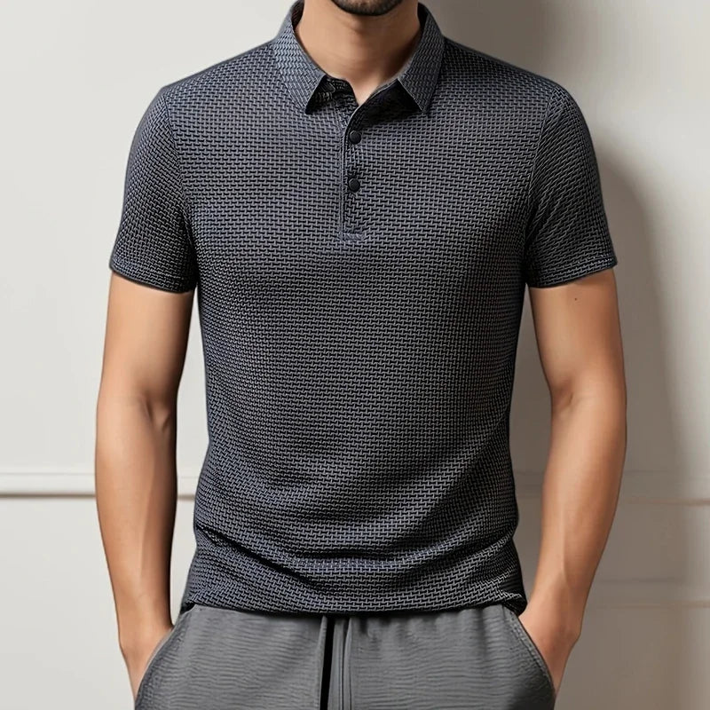 New Men's Business Casual Short Sleeved Bone Flower Solid Color POLO Shirt Fashion Breathable Comfortable Summer Versatile Top