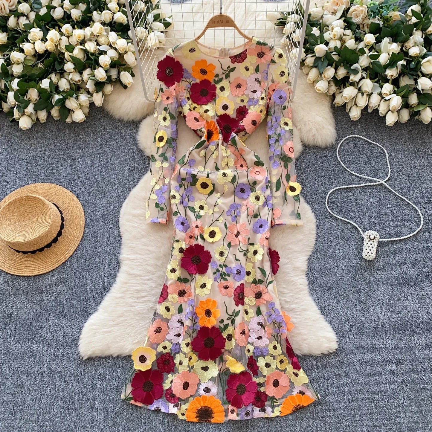 Elegant Three-dimensional Floral Embroidered Chic Long Sleeves Slim Mermaid Dresses Evening French High Street Women Clothing