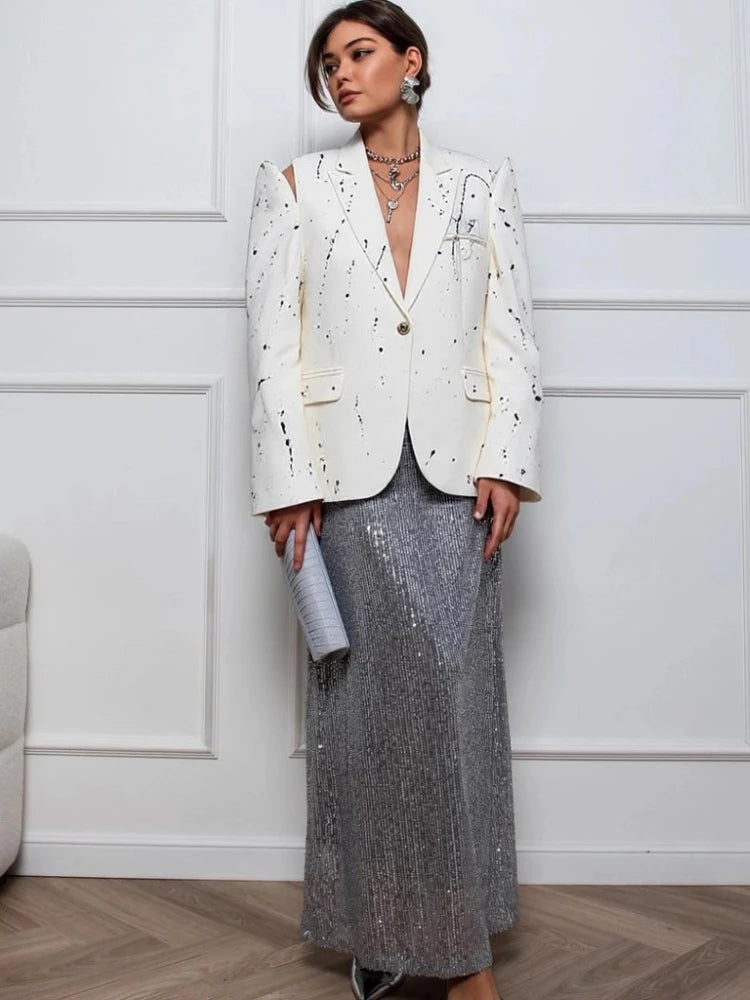 Print Cold Shoulder Long Sleeve Suit Jacket Women Fashion Turn-down Collar Single Breasted Pockets Blazers Locomotive Outerwear
