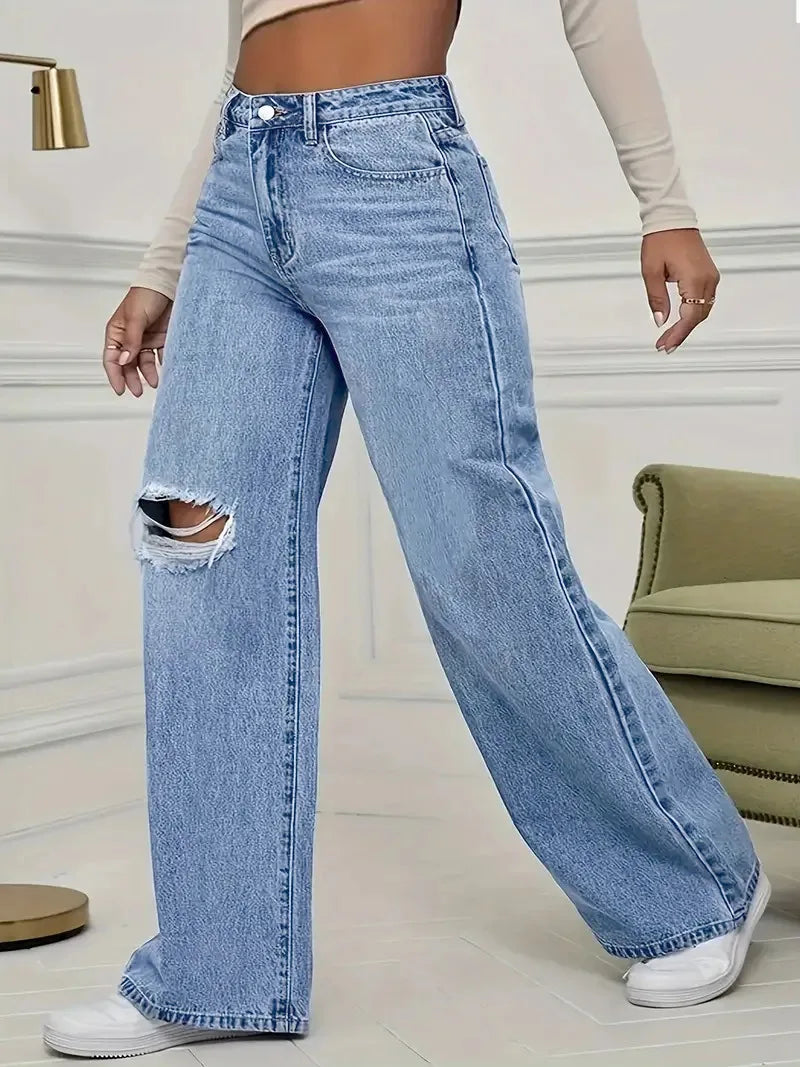 Washed Personality Hole Loose High Waist Denim Wide-leg Pants,Women's Four Seasons New Classic Fashion Casual Floor-length Jeans
