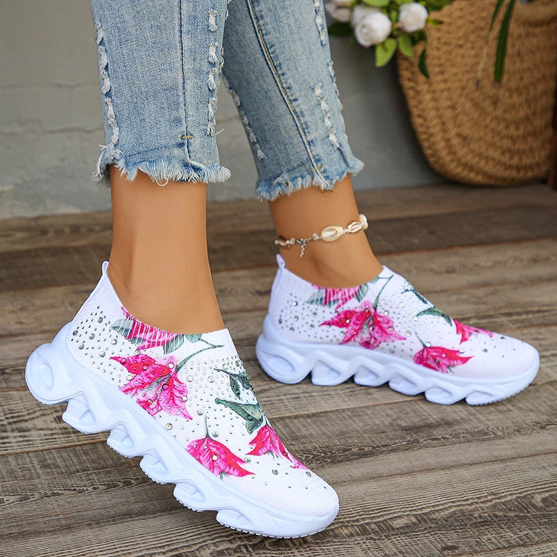 Flower Breathable Knitted Flats Women 2024 Autumn Comfort Soft Sole White Sneakers Woman Slip-On Flat Heels Platform Sport Shoes