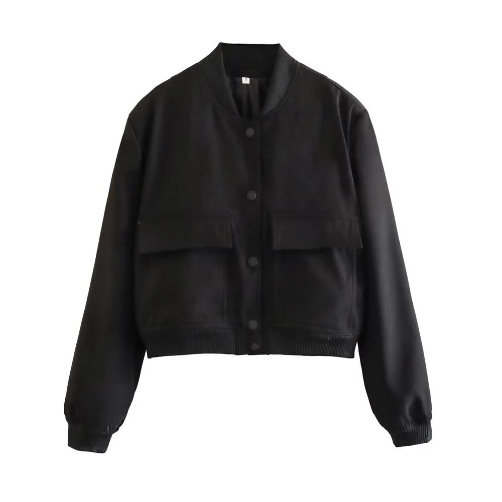TRZA Women Fashion With Pockets Bomber Jacket Coats Vintage Long Sleeve Front Button Casual Female Outerwear Chic Tops