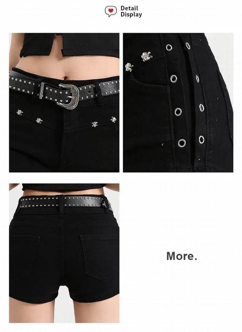 Summer Y2k Sexy Low Waist Mini Denim Shorts Women Vintage Korean Popular Girls Slight Strech Streetwear Gothic Rivet Black Jeans