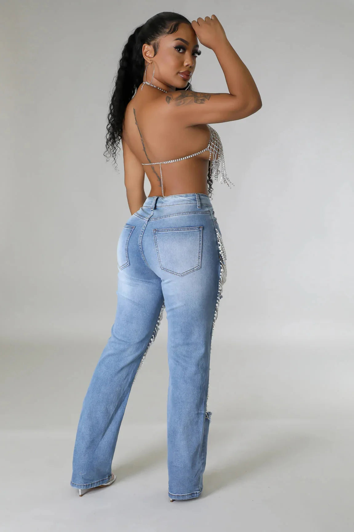 Ripped Jeans for Women Straight Pants Diamonds Chain Stretch Distressed High Waist Floor Length 2025 Streetwear Denim Trousers