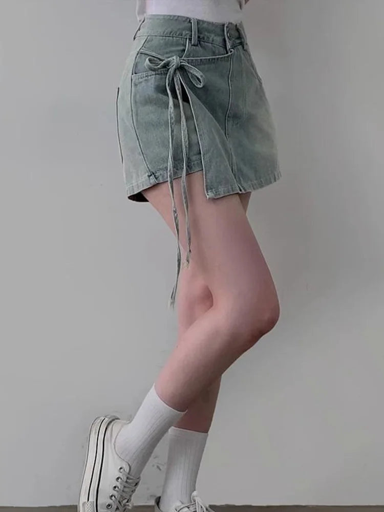 DFCF 2025 Spring Summe Jeans Streetwear Vintage Irregular Laced Up short Jeans Women Y2k Korean Fashion High Waist Straight Pant