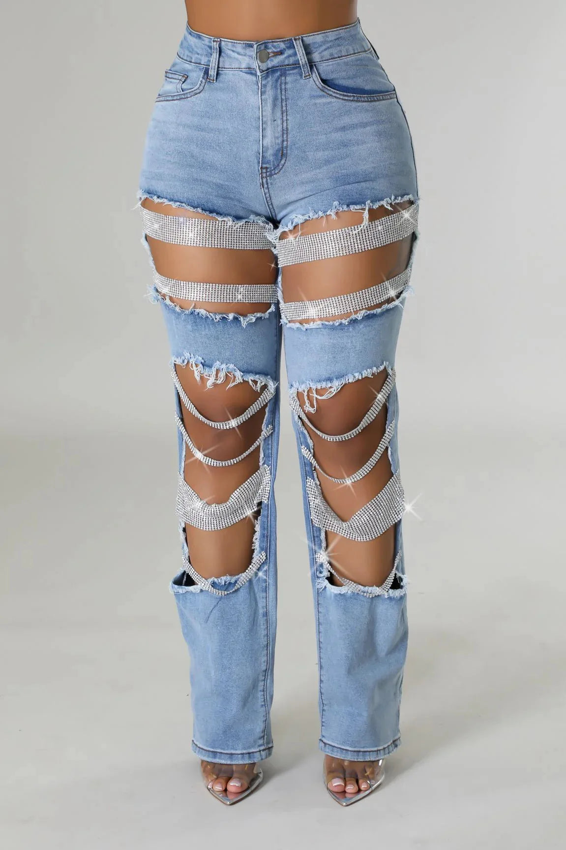 Ripped Jeans for Women Straight Pants Diamonds Chain Stretch Distressed High Waist Floor Length 2025 Streetwear Denim Trousers