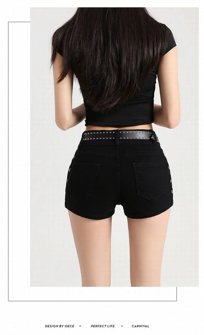 Summer Y2k Sexy Low Waist Mini Denim Shorts Women Vintage Korean Popular Girls Slight Strech Streetwear Gothic Rivet Black Jeans