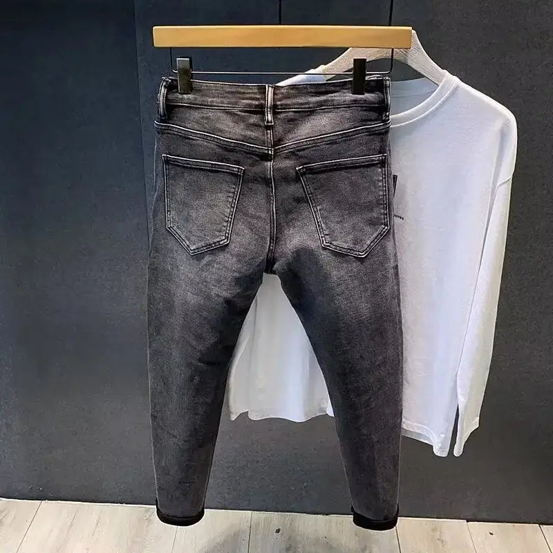 2025 New Autumn Winter Black Grey Men's High-End Motorcycle Long Pants Slim Patchwork Fold Designer Pencil Pants Casual Jeans