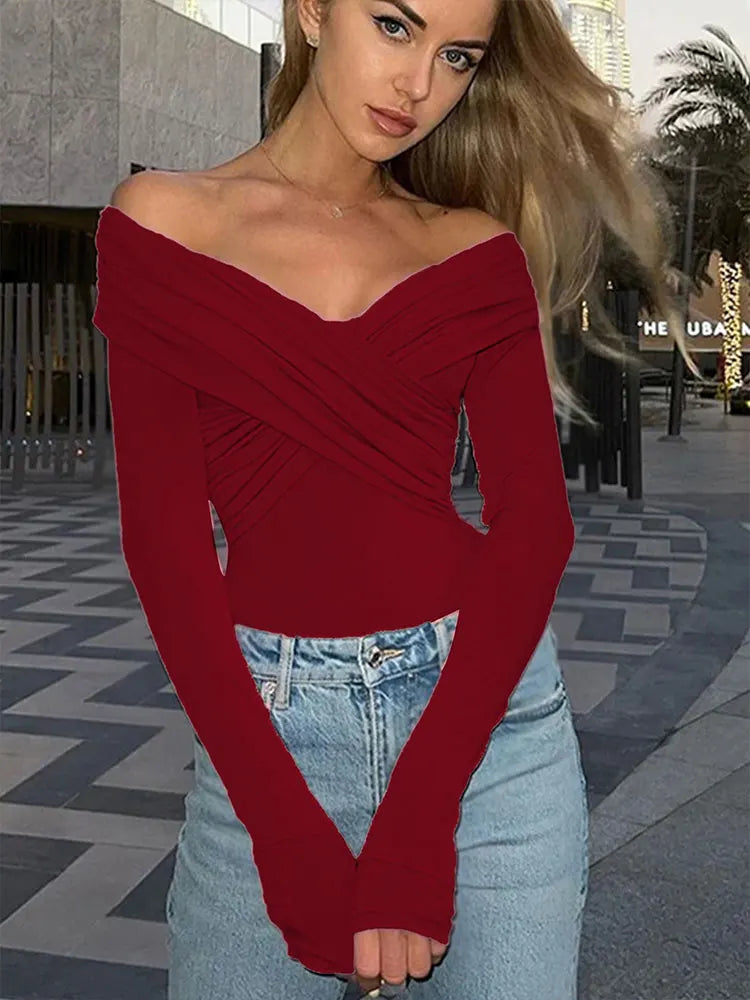 Spring Red New Women's Bodysuits Sexy Backless Solid Corset Slim Fashion Crossed Bodysuits Long Sleeves Casual Female Rompers
