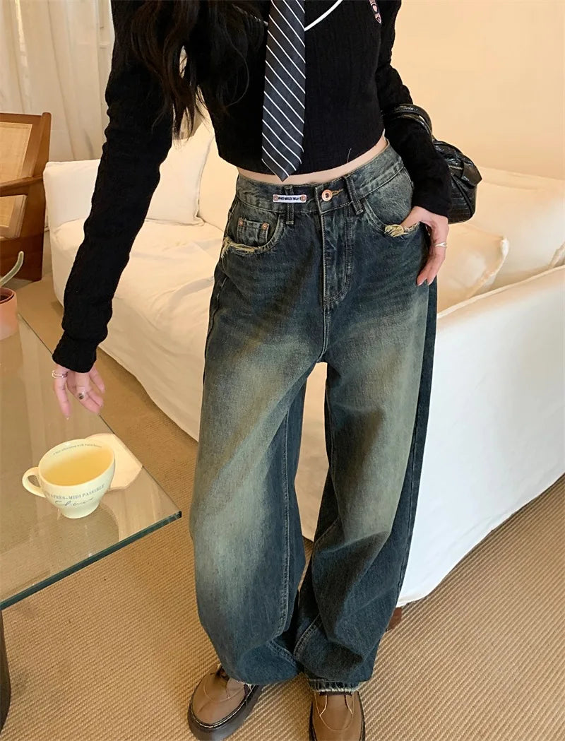 Women's Harajuku Style Loose Wide Leg Jeans Autumn Winter Street Fashion Retro Straight Loose Denim Trousers 