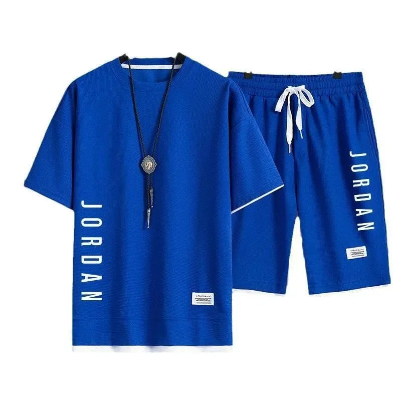 2025 summer fashion loose short sleeve casual T-shirt + shorts two-piece men's breathable fast drying fitness jogging suit