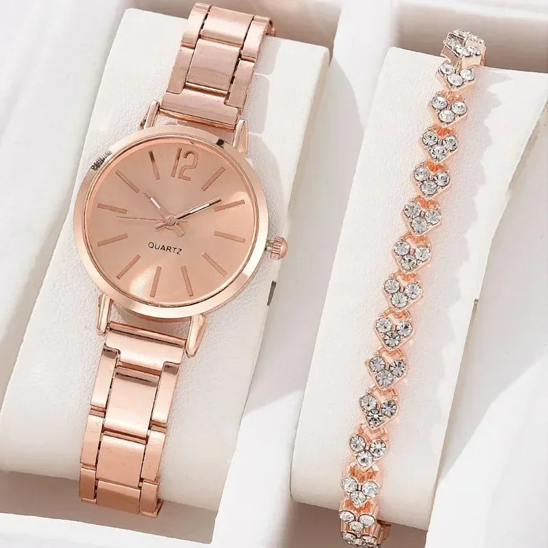 Fashion Women Elagant Watch Casual Simple Steel Strap Quartz Watch Love Bracelet 2pcs Set Luxury Temperament Wristwatch Reloj