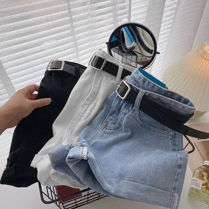 2022 New Spring Summer High-Waisted Slimming A- Line Denim Shorts Women's Loose-Fit Casual Heat Pants Rolled Edge Design