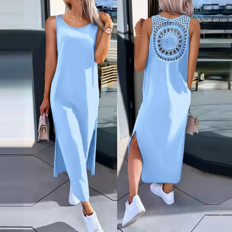 Spring Summer New Women's Clothing Solid Color V-neck Vest Back Lace Cutout Slit Casual Dress
