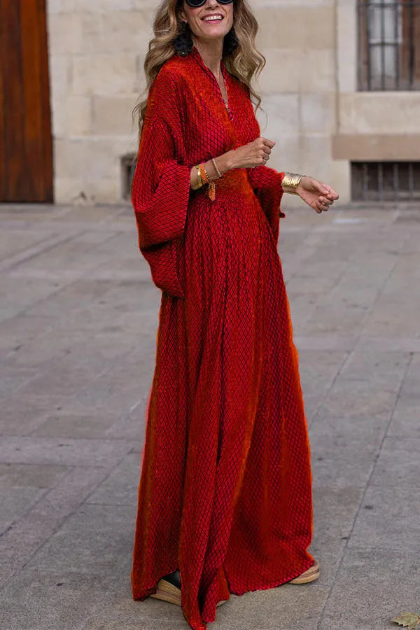 Elegant Ladies Maxi Dress Women Fashion Lattice Print V Neck Dolman Sleeve Bohemia Beach Sundress Vintage Party Long Dresses