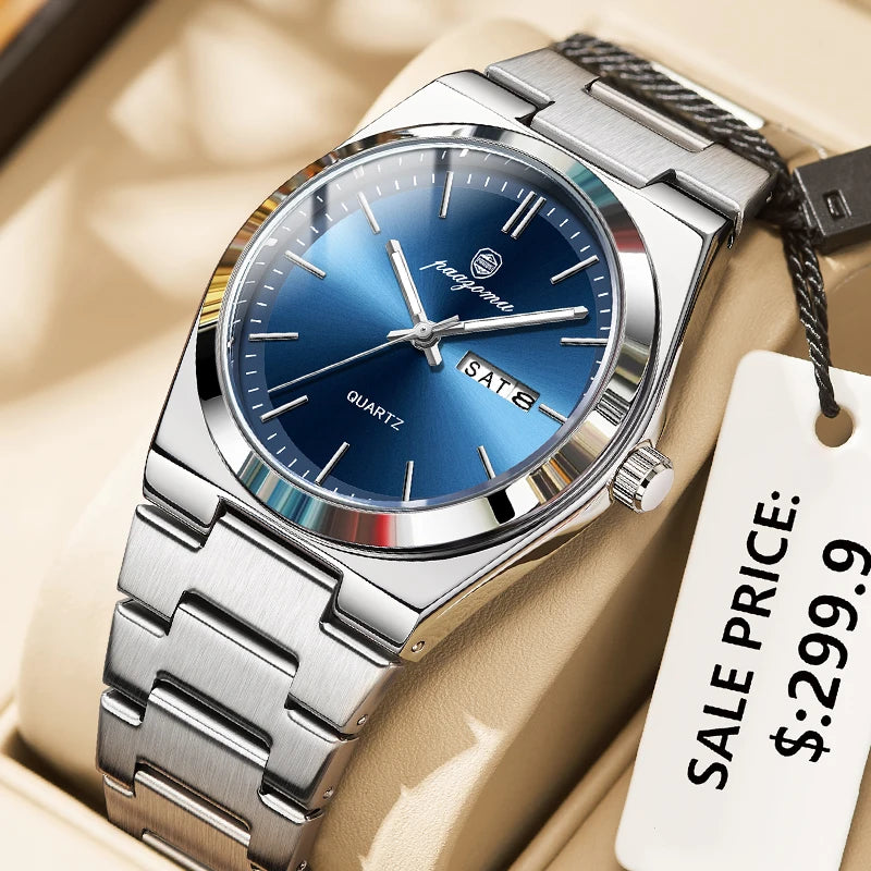 PENGAGAR Luxury Men Watch Date Week Waterproof Luminous Stainless Steel Watch For Man Casual Quartz Men's Watches Male Sport+Box