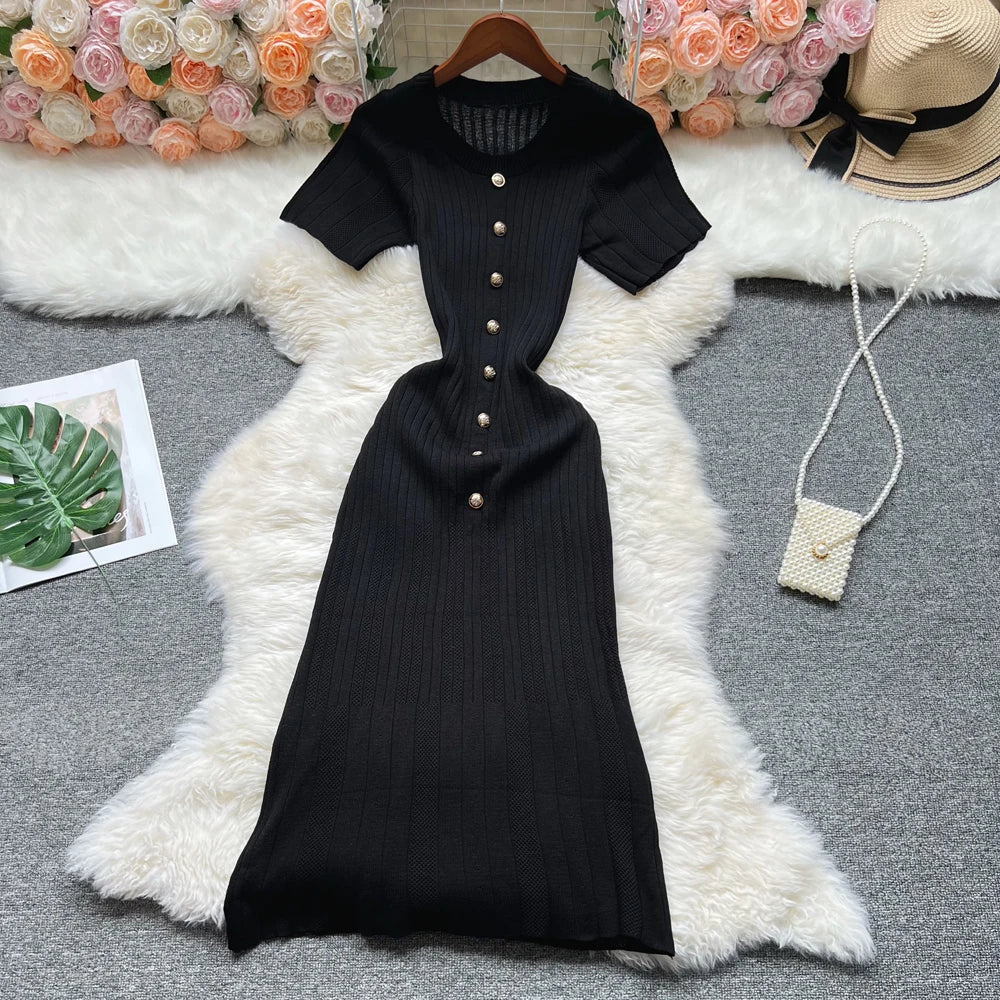 YuooMuoo 2025 Summer Women Knitted Long Dress Brand Fashion O-neck Buttons Bodycon Sweater Dress Elegant Lady Office Vestidos
