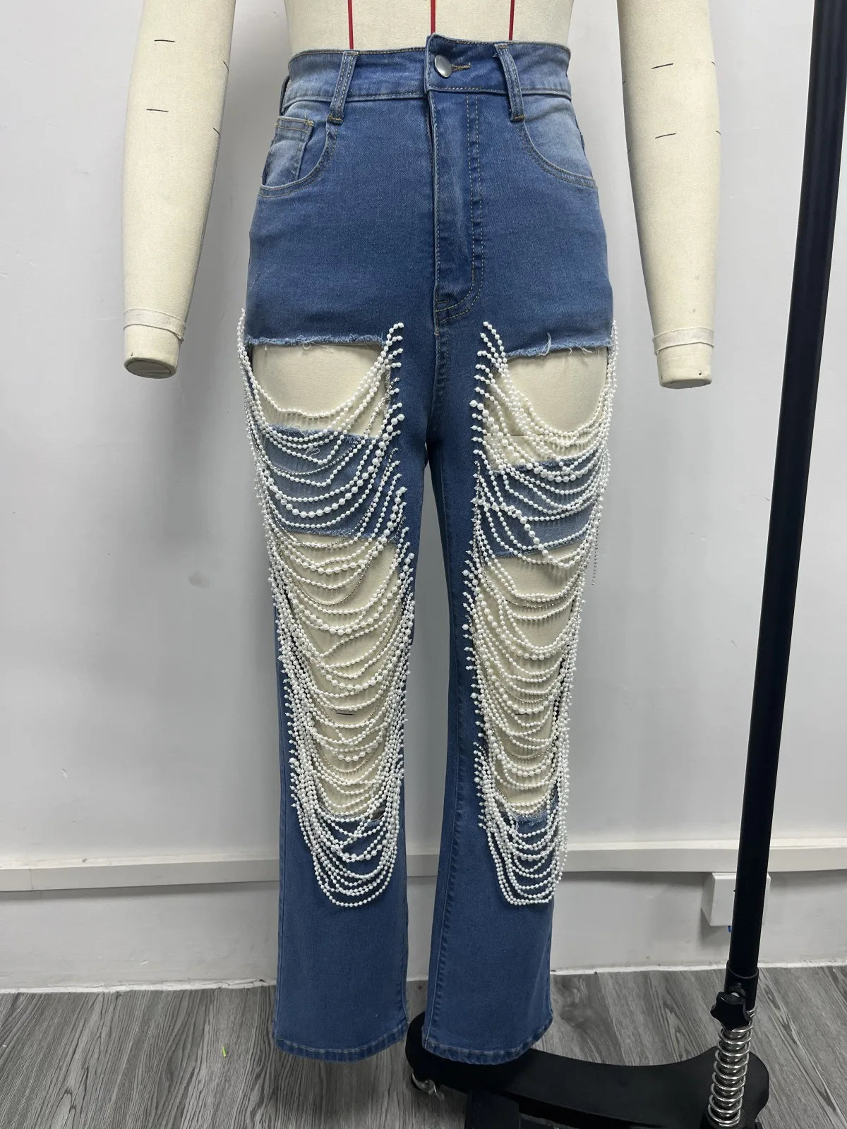 Ripped Jeans for Women Straight Pants Diamonds Chain Stretch Distressed High Waist Floor Length 2025 Streetwear Denim Trousers