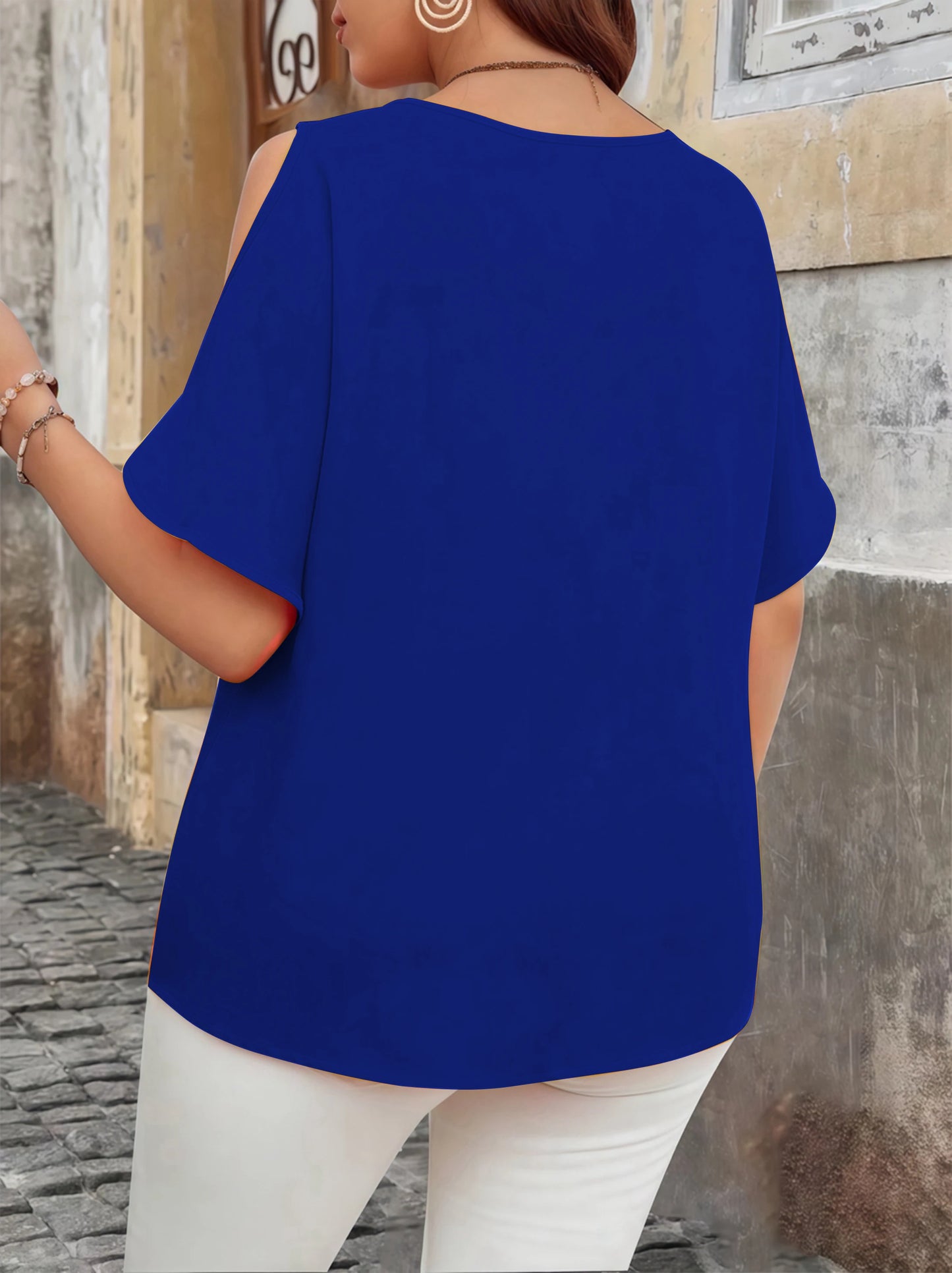 Elegant Off-Shoulder Wave V-Neck T-Shirt - Solid Color Plus Size Women's Blouse, Fashion Casual Short Sleeve Summer Top