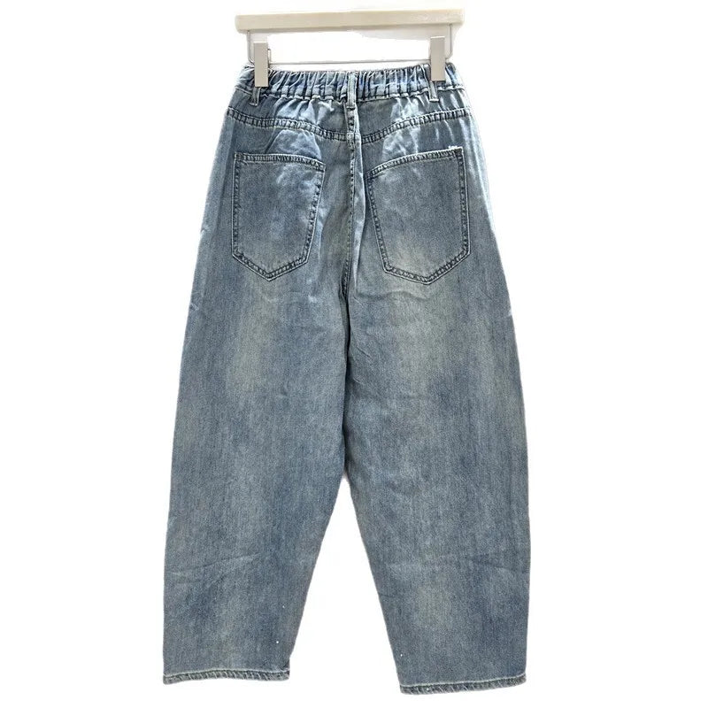 DEAT Women's Jeans Elastic Waist Hot Diamonds Flowers Hollow Out Denim Ankle-Length Harem Pants 2025 New Fashion Summer 29A1739