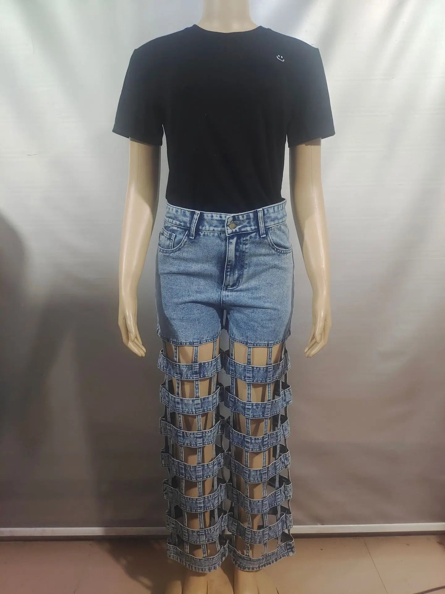 Denim Pant Women Jeans Long Pants Hollow Out High Waist Straight Mom Trousers Y2k Streetwear Elegant Splice Hole Casual Work