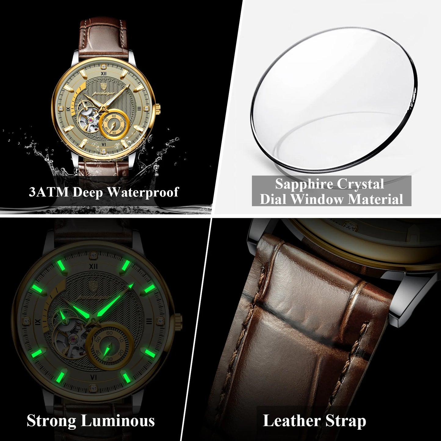 POEDAGAR Sports Luxury Men Clock Waterproof Luminous Man Watch Hollow Tourbillon Automatic Mechanical Leather Men's Watches Male