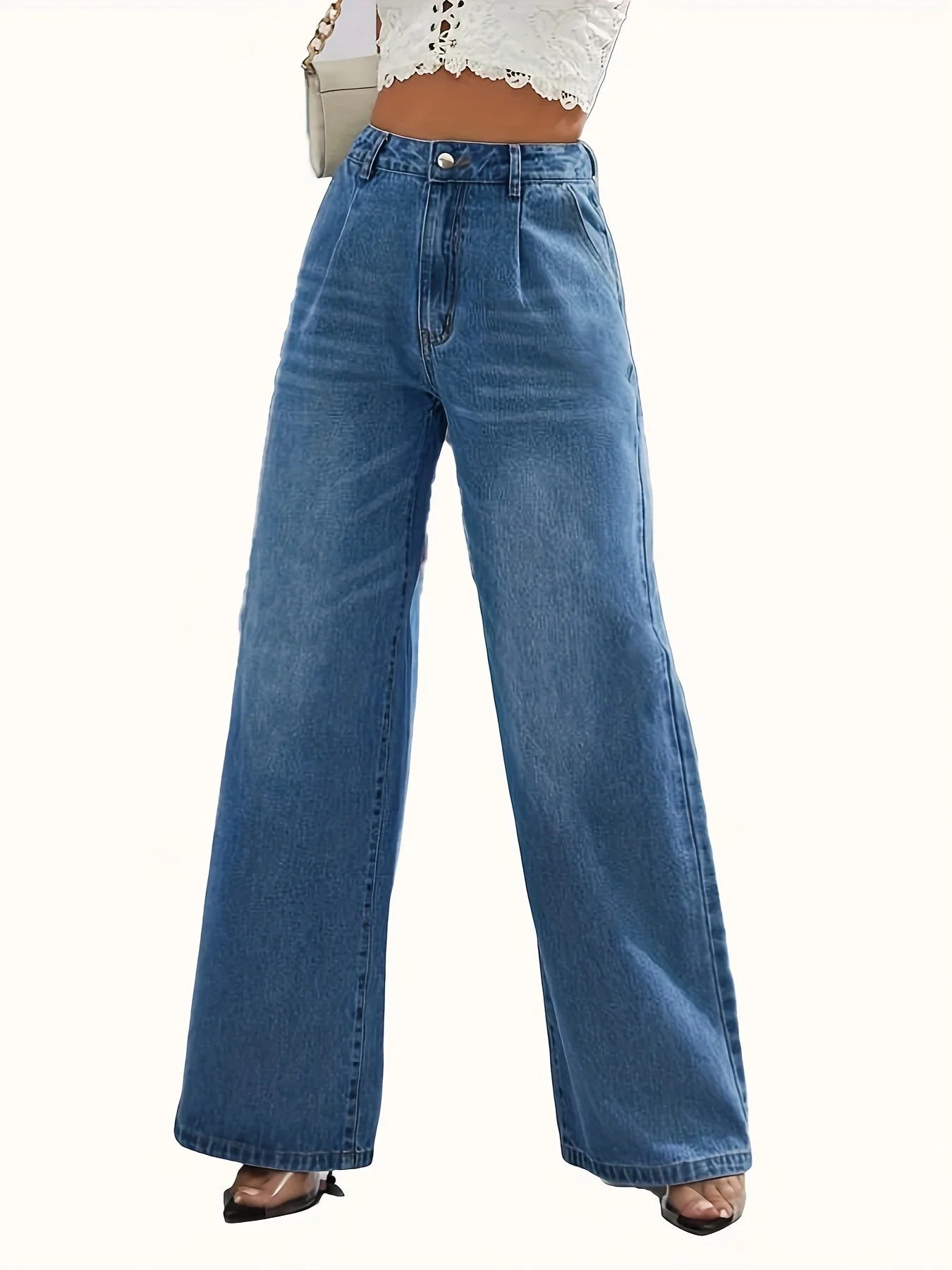 New women's cross-border European and American style solid color jeans women's straight wide leg pants casual all-match