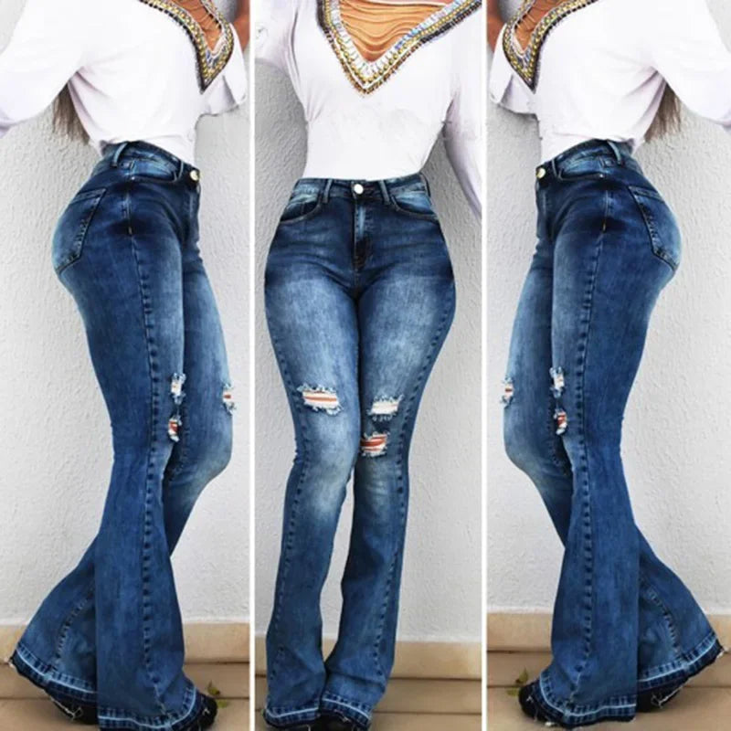 Women Slim Fit Denim Pants Bell Bottom High Waist Bootleg Jeans Stretch Female Flare Trouser Fashion Wide Leg Ripped Trousers