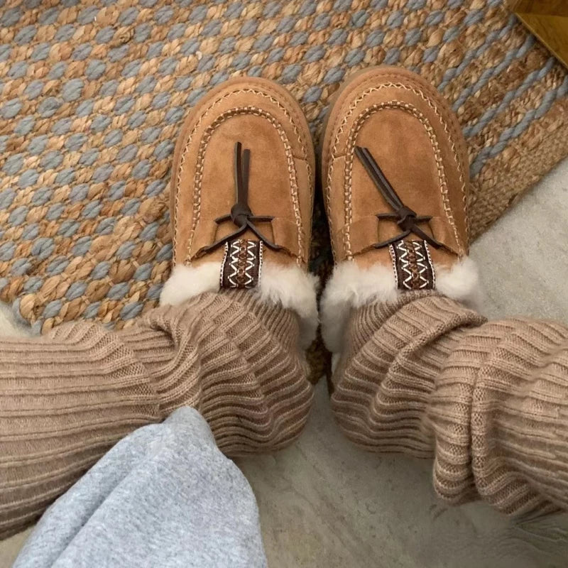 Genuine natural fur bare boots 2025 new winter flat wool shoes thick bottom lace decorative casual half drag Baotou drag