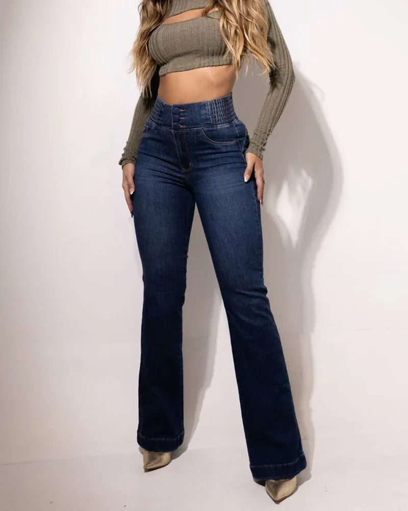 Sister Star Spring Women's New Elastic Waist Head High-waisted Button Stretch Slim Wide-legged Tencel Breathable Long Jeans