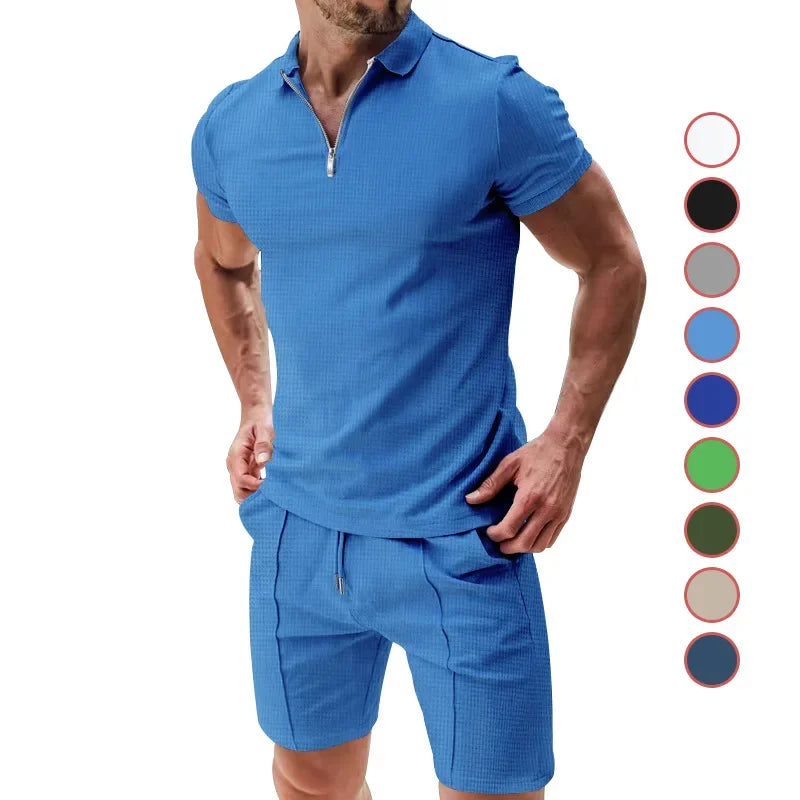 Fashion Casual Men's Short Sleeve Shorts Set Summer Breathable Solid Color Loose Lapel T-shirt Set Men Men Clothing